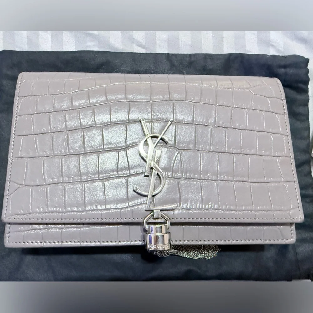 Saint Laurent Silver-Tone Hardware Grey Croc-Embossed Tassel Card Holder